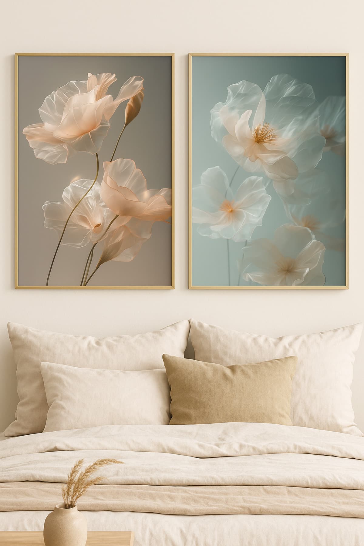 Serenity Floral – Gerçek Cama Baskı Gold Alüminyum Metal Çerçeveli 2'li Modern Tablo görsel 2