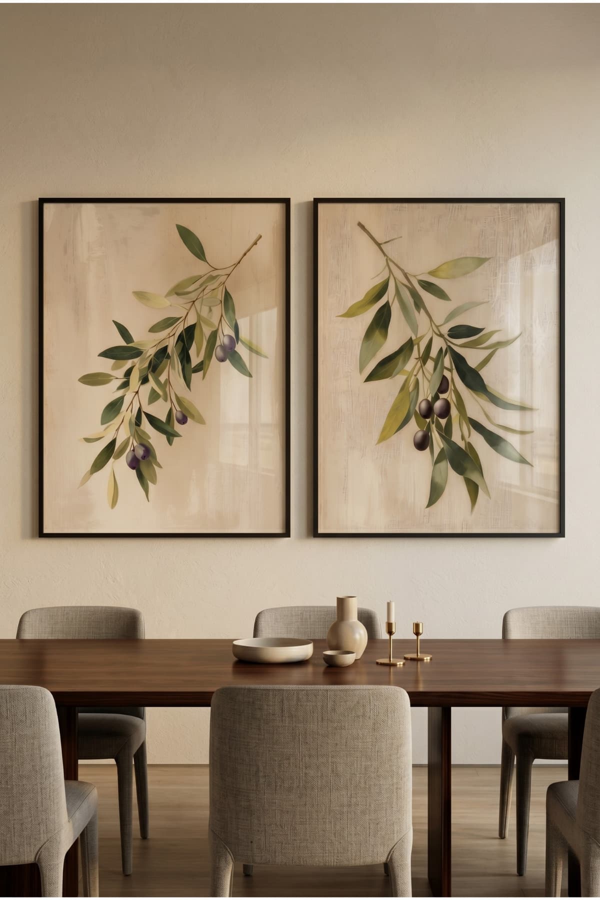 Olivebranch Zeytin Dalı - Gerçek Cama Baskı Siyah Alüminyum Metal Çerçeveli İkili Modern Cam Tablo görsel 2