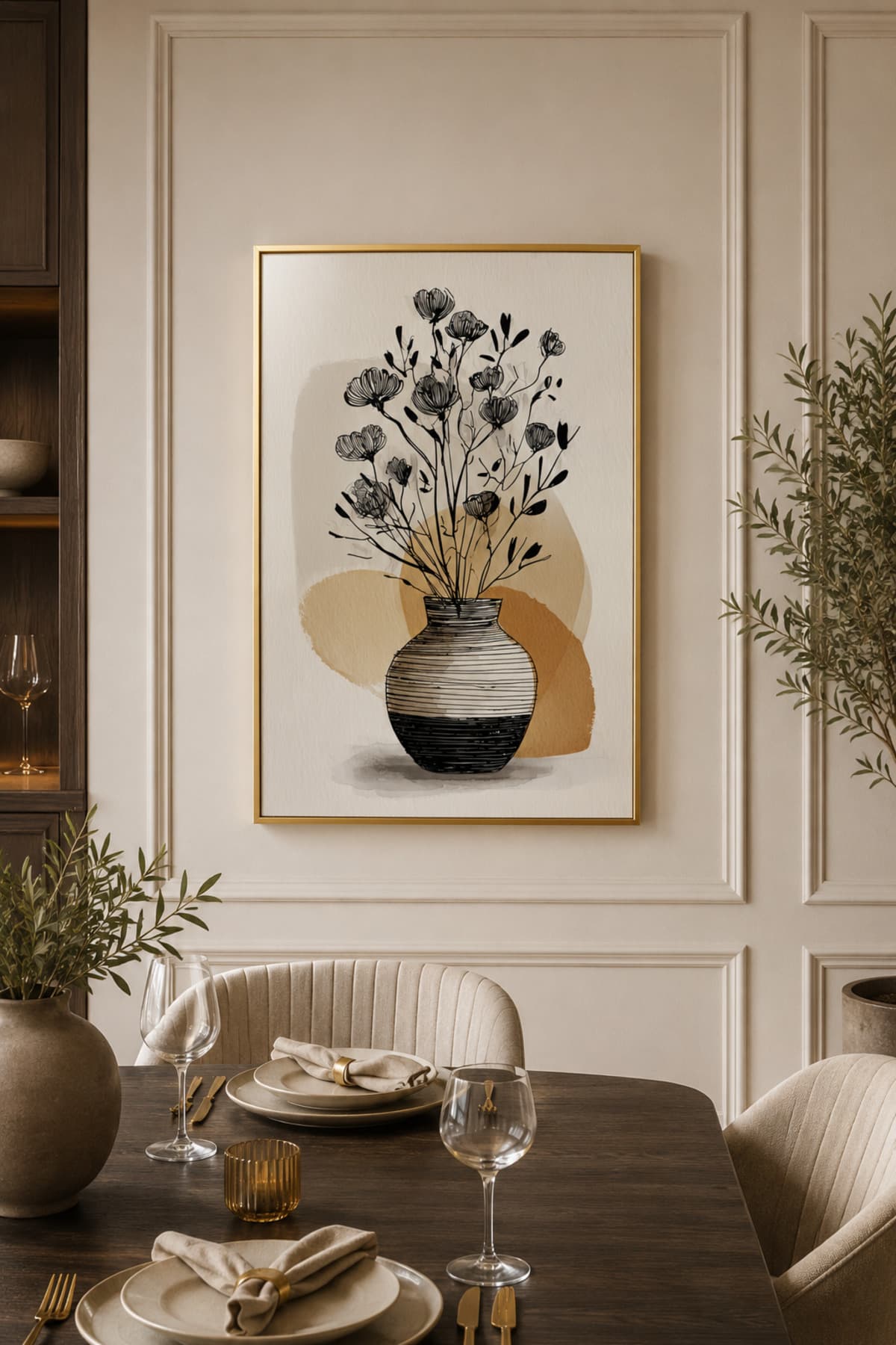 Warm Botanica - Gerçek Cama Baskı Gold Alüminyum Metal Çerçeveli Tekli Modern Cam Tablo görsel 2