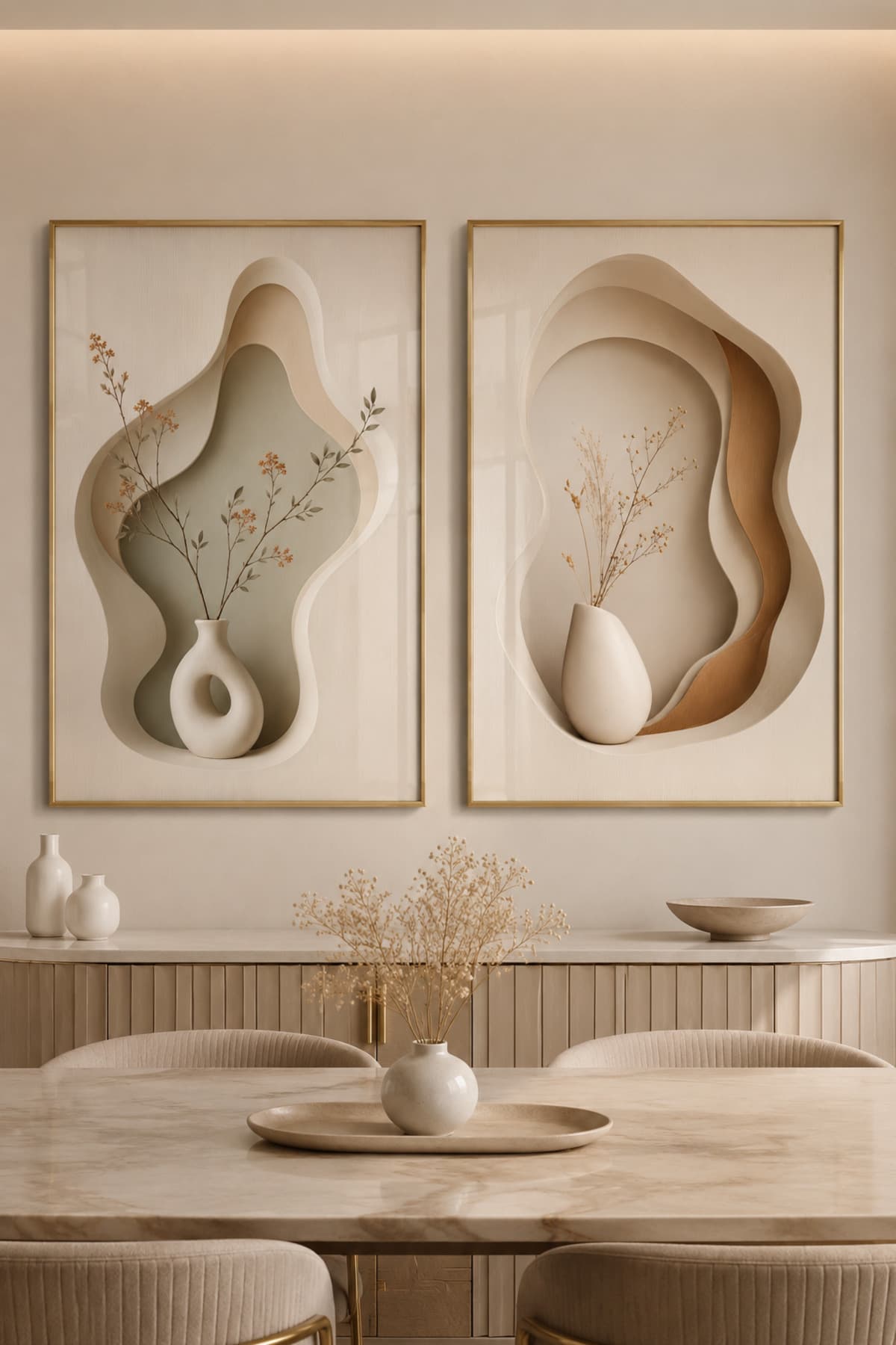 Floravia - Gerçek Cama Baskı Gold Alüminyum Metal Çerçeveli İkili Modern Cam Tablo görsel 2