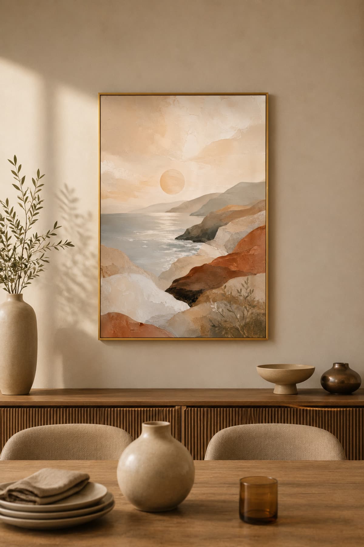 Calm Coast - Gerçek Cama Baskı Gold Alüminyum Metal Çerçeveli Tekli Modern Cam Tablo görsel 2