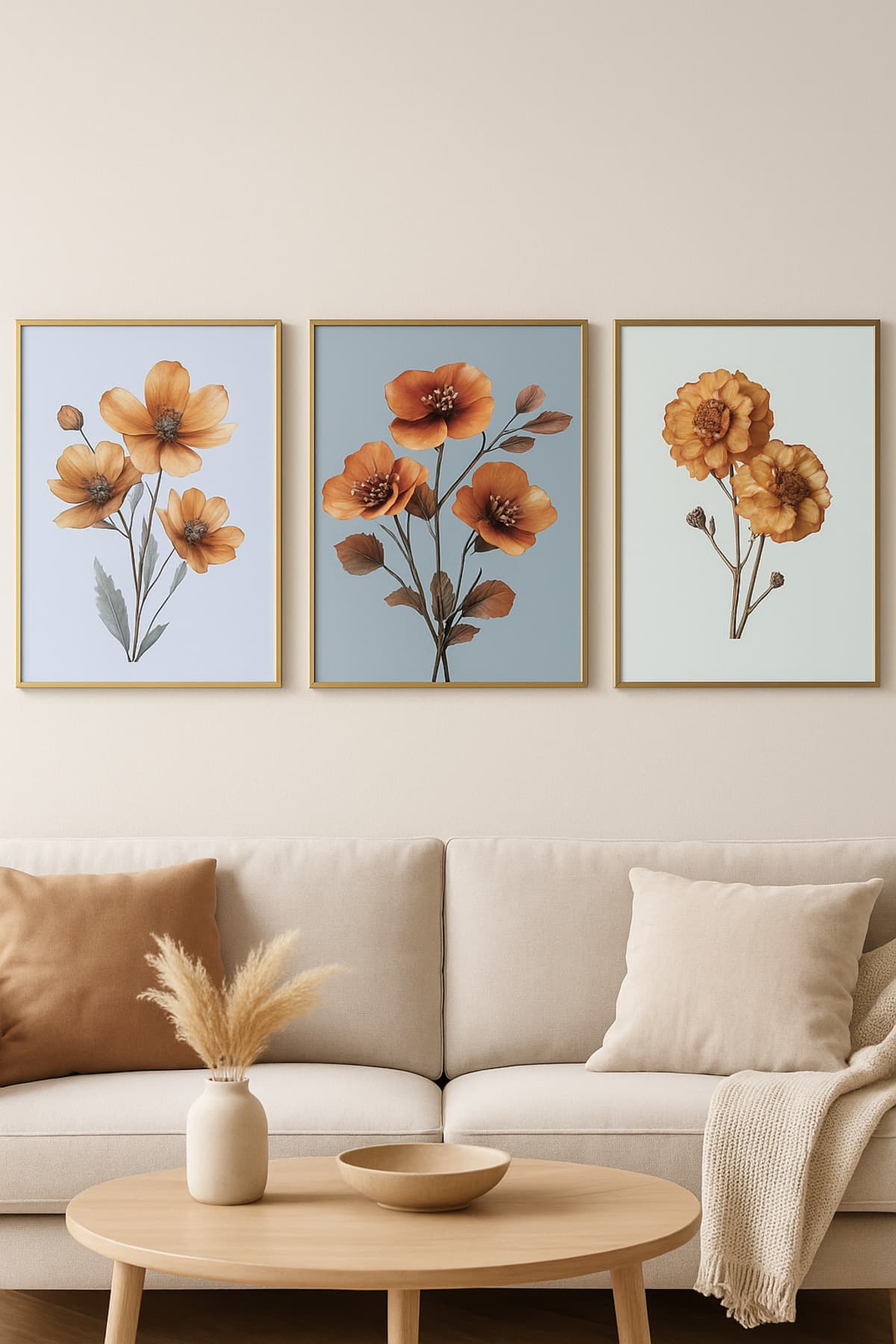 Sunset Blossom – Gerçek Cama Baskı Gold Alüminyum Metal Çerçeveli 3'lü Modern Tablo görsel 3