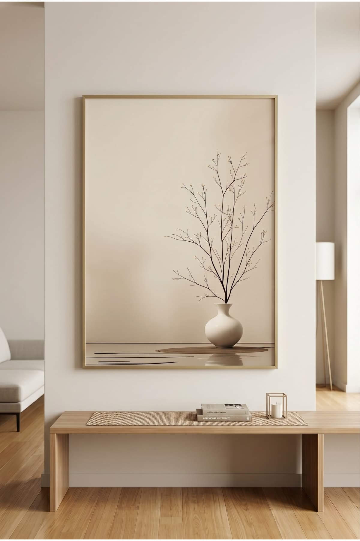 Delicate Branches - Gerçek Cama Baskı Gold Alüminyum Metal Çerçeveli Tekli Modern Cam Tablo görsel 2