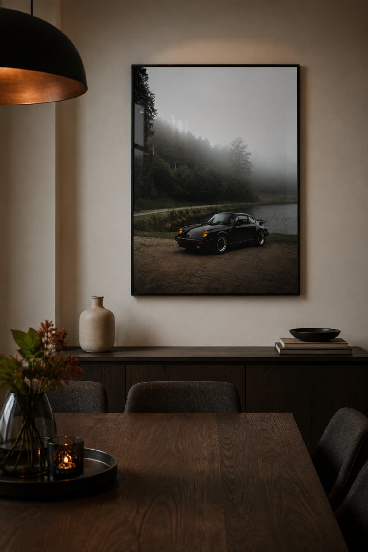 Misty Drive - Gerçek Cama Baskı Siyah Alüminyum Metal Çerçeveli Tekli Modern Cam Tablo görsel 2