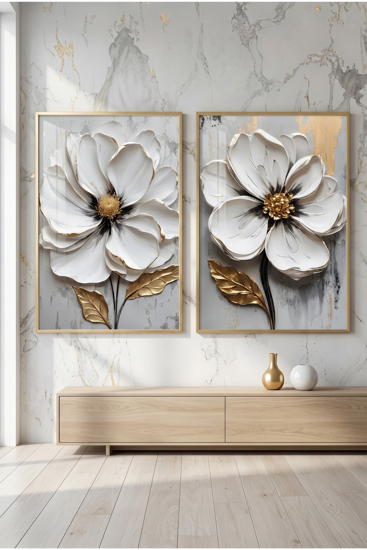 The Golden Touched White - Gerçek Cama Baskı Gold Alüminyum Metal Çerçeveli İkili Modern Cam Tablo görsel 2