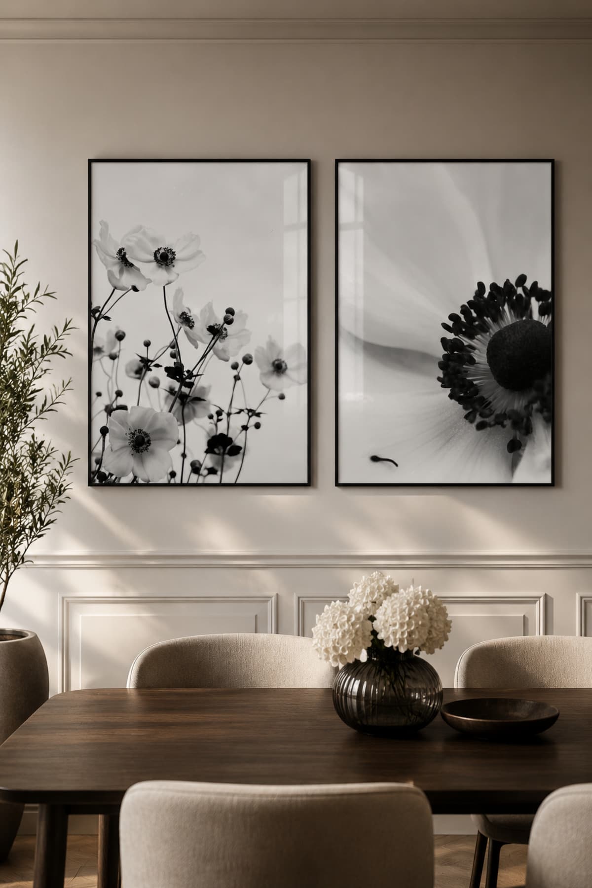 Monochrome Bloom - Gerçek Cama Baskı Siyah Alüminyum Metal Çerçeveli İkili Modern Cam Tablo görsel 2